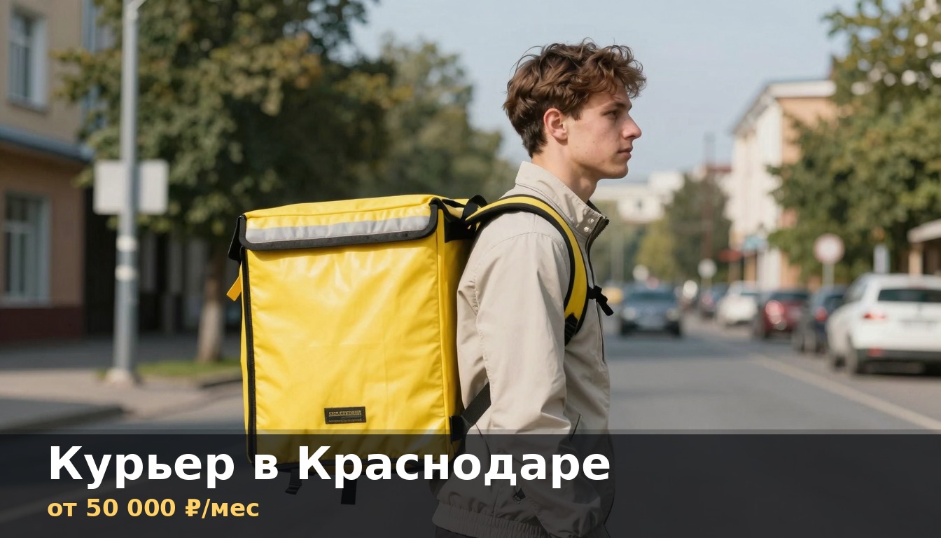 Курьер с термосумкой на фоне Краснодара — вакансии доставки 2026